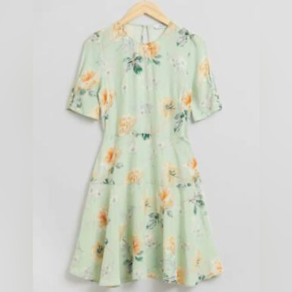 & Other Stories Cream Green Floral Tiered Mini Dress Short Sleeve Size 4